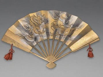 Vintage Japanese Cast Metal Sensu Fan Wall Plaque - Twin