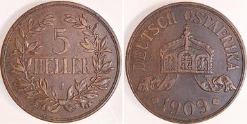 Duitsland 5 Heller Deutsch Ost Afrika 1909 J vz Jn717 Doa..., Postzegels en Munten, Verzenden