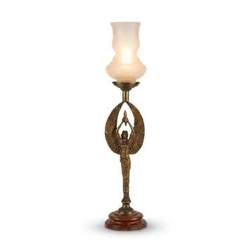 Vergulde figuurlamp met gevleugelde vrouw en glazen kap, Ophalen of Verzenden, Gebruikt