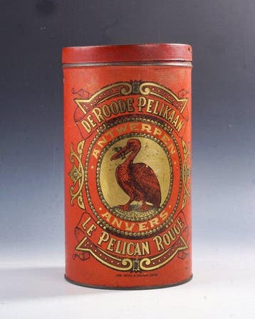 Blikken doos - Roode Pelikaan, rood-goud chromolithografie •