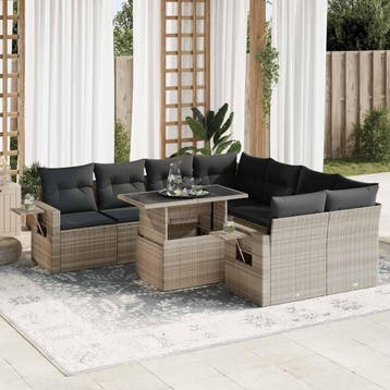 vidaXL 9-delige Loungeset met kussens poly rattan lichtgrijs, Verzenden, Nieuw, Loungeset