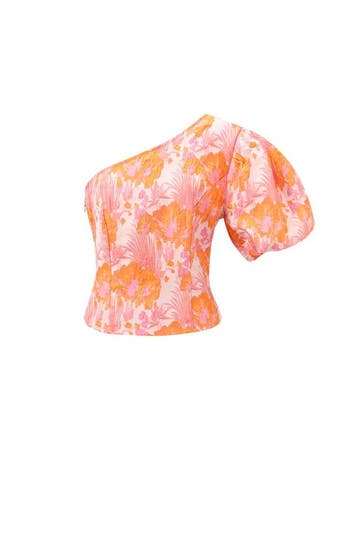 Één-Schouder Top Bloemenprint | Pofmouw | Oranje - Oranje /, Kleding | Dames, Tops, Verzenden, Nieuw