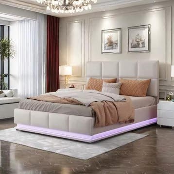 Modern Opbergbed met LED Verlichting en Hoofdbord 140x200, Verzenden, Nieuw