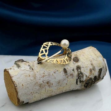 Vintage bicolor gouden broche met parel, Sieraden, Tassen en Uiterlijk, Broches, Gebruikt, Ophalen of Verzenden, Met edelsteen