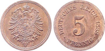 Duitsland Probe 5 Pfennig 1888 A Kupfer Herrlich praegefr..., Verzenden