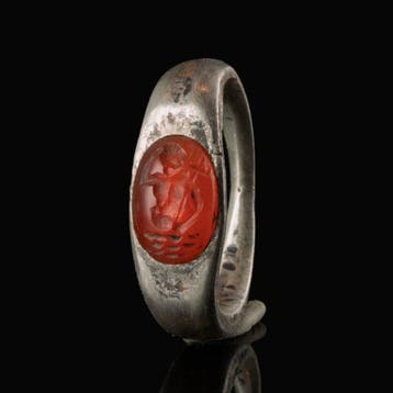 Oud-Romeins Zilver Zegelring met Neptunus-carneool-intaglio