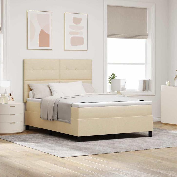 vidaXL Boxspring bed met LED-stripverlichting Crème 140 x, Huis en Inrichting, Slaapkamer | Bedden, Crème, Nieuw, Stof, Verzenden
