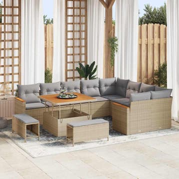 vidaXL Tuin Sofa Set 12 st 9-Aantal zitplaatsen Beige Poly, Verzenden, Nieuw, Rotan, 2 zitplaatsen