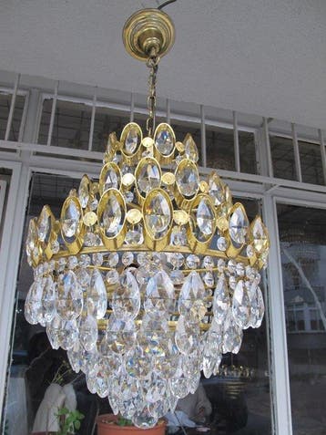 Kroonluchter - Verguld messing - Antieke kristallen lamp
