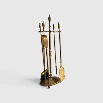 Brass Fireplace Tool Set – 4 Tools + Stand – Ornate Handles, Antiek en Kunst