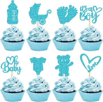 8 cupcakeprikkers Baby Girl roze of blauw + 8 cupcakebakjes, Verzenden, Nieuw, Taarten of Cupcakes, Versiering
