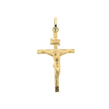 Gouden hanger van een kruis met corpus; INRI, Ophalen of Verzenden, Gebruikt, Goud, Overige merken
