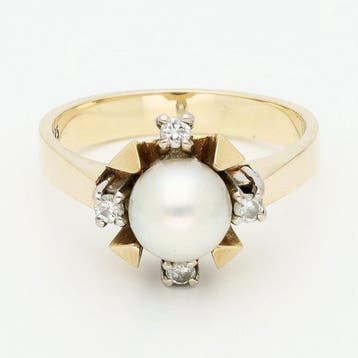 Ring - 14 karaat Geel goud Parel - Diamant, Sieraden, Tassen en Uiterlijk, Nieuw