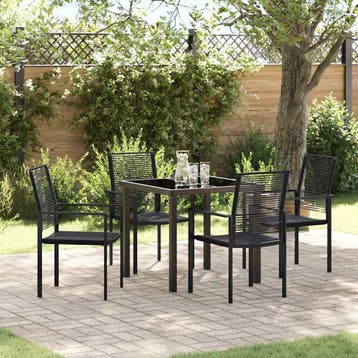 vidaXL Tuin eettafelset 5 pcs Zwart Gepoedercoat staal, Verzenden, Nieuw, Kunststof, 5 zitplaatsen