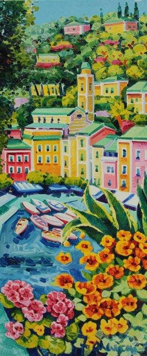 Athos Faccincani (1951) - Portofino con fiori gialli - Con, Antiek en Kunst, Kunst | Schilderijen | Modern