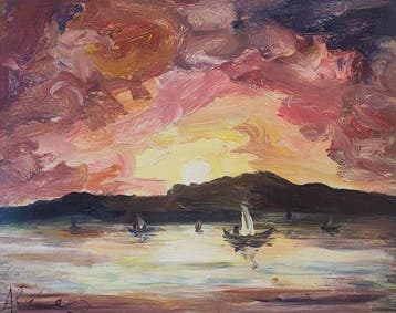 Paolo Massimo Abrans (1952) - Tramonto dietro lisola, Antiek en Kunst
