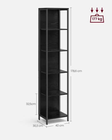 Boekenkast met Verstelbare LED-verlichting – Ebony Zwart, Minder dan 50 cm, Verzenden, Nieuw, 150 tot 200 cm