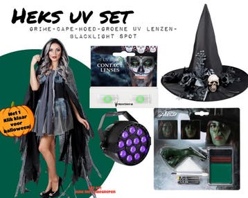 Heks Set 3 Met Cape, Hoed, Lenzen En Schminck En UV Lamp, Verzenden, Nieuw, Overige typen