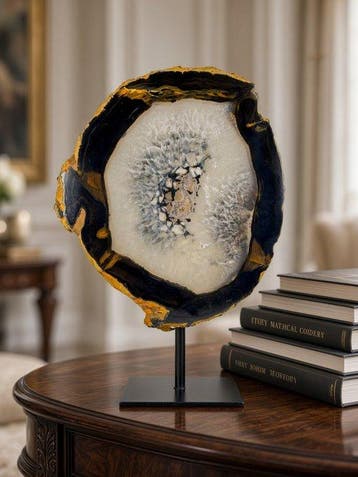 Very rare natural agate with crystal portal geode on stand
