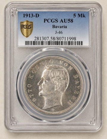Duitsland, Beieren Otto. 5 Mark 1913 - PCGS AU58 (Bavaria), Postzegels en Munten, Munten | Europa | Niet-Euromunten