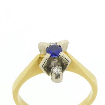 Vintage Bicolor gouden ring met saffier en diamanten; 0,0..., Gebruikt, Ophalen of Verzenden, 17 tot 18, Met edelsteen