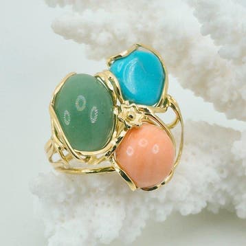 Zilver, Verguld Ring - Koraal, Parel en Jade