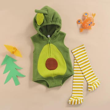 Schattige Avocado Romper met Capuchon en Gestreepte Sokken -, Verzenden, Nieuw