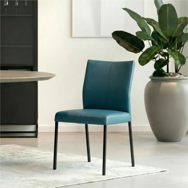 Set van 4 Leren eetkamerstoelen Basic - Hermes Turquoise, Huis en Inrichting, Stoelen, Nieuw, Leer, Ophalen of Verzenden