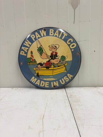 Popeye – Paw Paw Bait Co. – Fishing Lures – Emaille Bord -