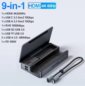 9-in-1 USB-C Docking Station 4K HDMI Ethernet SD TF USB 3.2, Verzenden, Nieuw