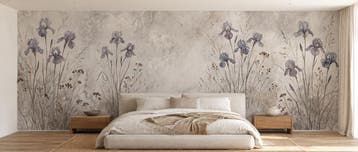Bloemen behang – lila irissen op zachte steenlook, Bloemen, Overige merken, Ophalen of Verzenden, Fotobehang