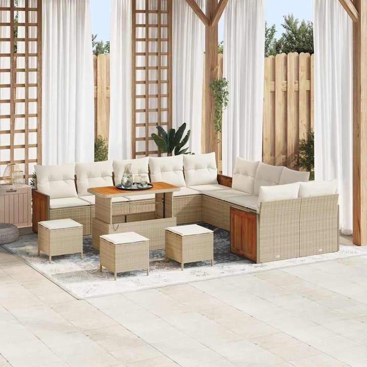 vidaXL Tuinbankenset met kussen 18 pcs Beige en Crème poly, Tuin en Terras, Tuinsets en Loungesets, Nieuw, 8 zitplaatsen, Rotan