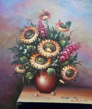 W. Reynard (XX) - Floral still life with sunflowers, Antiek en Kunst, Kunst | Schilderijen | Klassiek