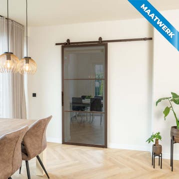 Stalen Schuifdeur - 3 Vlaks - Brons - Maatwerk - Rook glas, Nieuw, Metaal, Inclusief glas