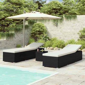 vidaXL 3-delige Ligbeddenset met theetafel poly rattan zwart, Verzenden, Nieuw