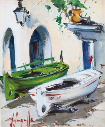 Joan Sarquella Oliveras (1956) - Barcas frente al portal -, Antiek en Kunst