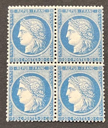 Frankrijk 1870 - Franse klassieke 20c Cérès-blauw blok van 4, Gestempeld