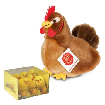 Pluche kip knuffel - 16 cm - met 6 kuikens - paasdecoratie, Verzenden, Nieuw