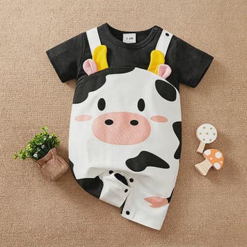 Schattige Baby Jumpsuit met Koeienprint en Nep-bretels - Zom, Verzenden, Nieuw