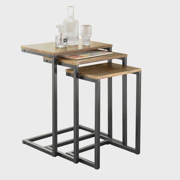 Set van 3 Nesting bijzettafels met Houten Blad en Zwart Meta, Huis en Inrichting, Tafels | Bijzettafels, Verzenden, Nieuw