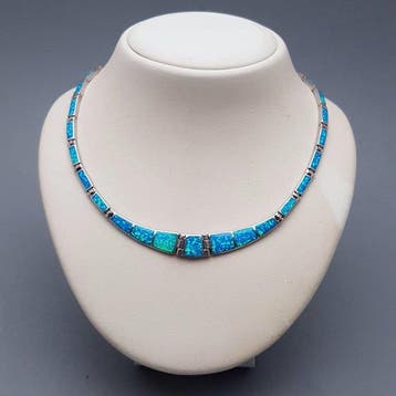 Zilver, Art Deco, Blauwe Opaal - Halsketting