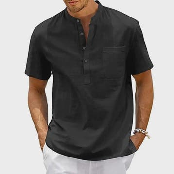 Herenshirt met Henne Neck en Borstzak - Katoen Linnen Mix -, Verzenden, Nieuw