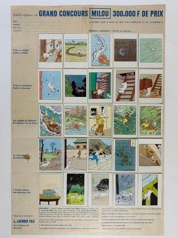 Tintin - 1 Volledig recto/verso antwoordvel met 50 originele, Boeken, Nieuw