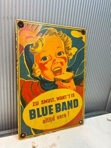 Vintage Blue Band emaille reclamebord – “Altijd vers” –