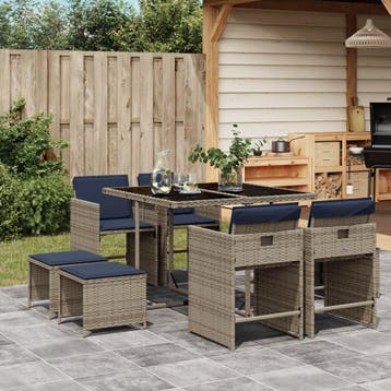 vidaXL 9-delige tuinset met kussens, grijs polyrotan, Tuin en Terras, Verzenden, Nieuw, 8 zitplaatsen, Tuinset
