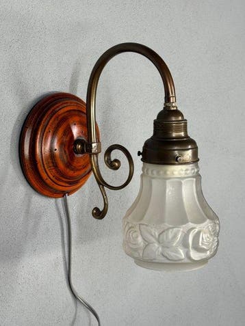 Wandlamp - Hout, Glas, Messing - Authentieke wandlamp, Antiek en Kunst