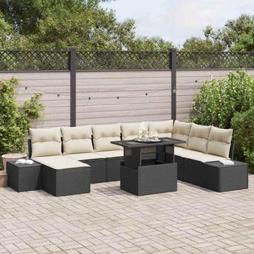 vidaXL Tuin Sofa Set 9 st Zwart en Crème poly rattan, Verzenden, Nieuw, Meer dan 8 zitplaatsen