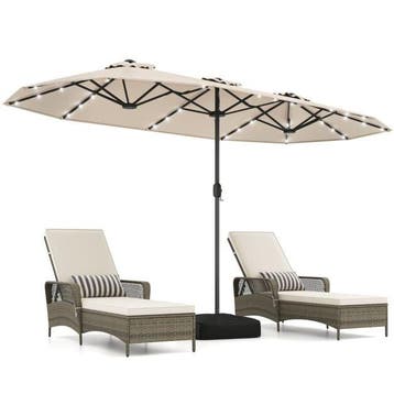 2dekans | Coast Dubbele Parasol met Standaard – Solar LED en, Ophalen of Verzenden, Zo goed als nieuw