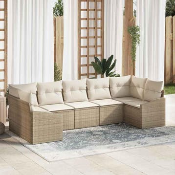 vidaXL Bankstel met kussen 7 pcs Beige poly rattan, Verzenden, Nieuw, Rotan, 7 zitplaatsen
