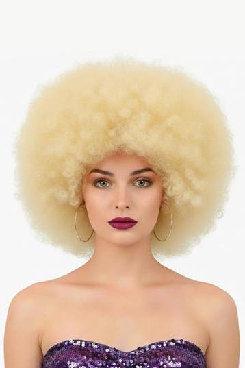 KIMU® Pruik Afro Lichtblond Disco met Gratis 2x Haarnetje Bl, Ophalen of Verzenden, Nieuw, Carnaval